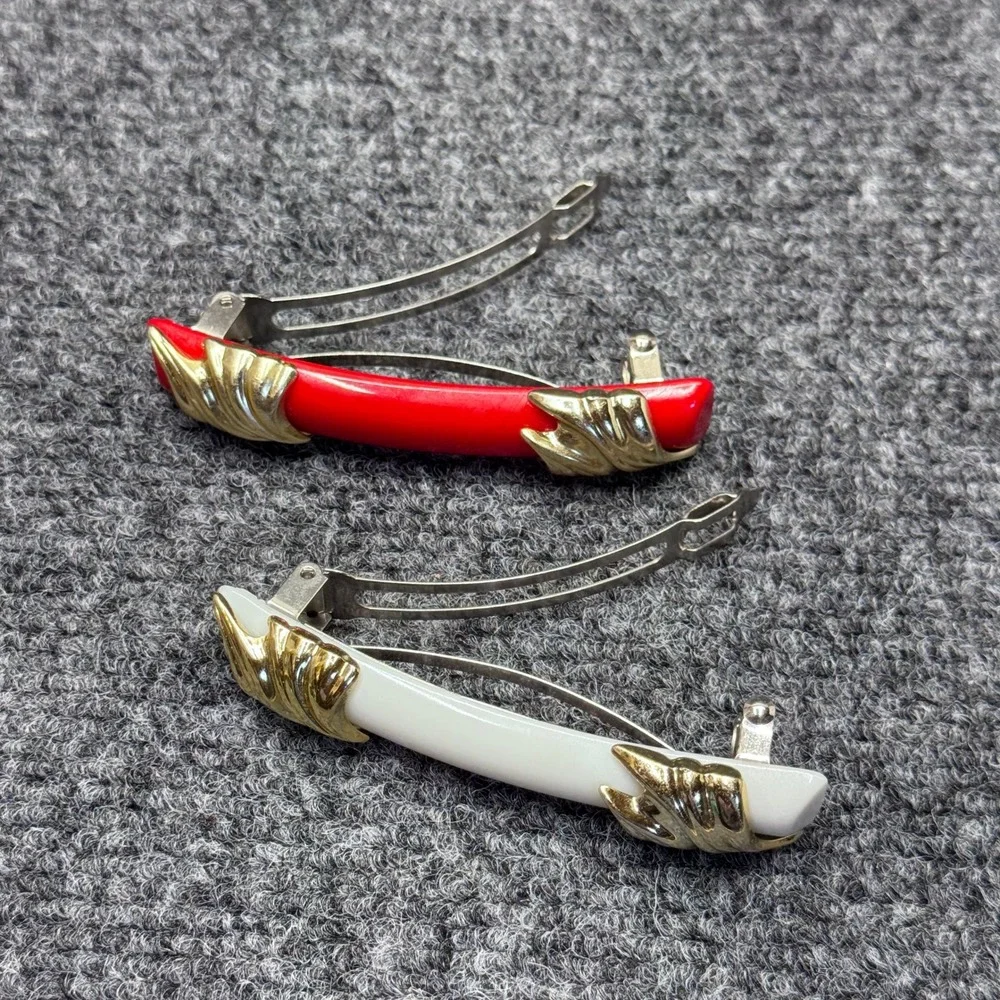 Vintage Barrette Hair Clips Women Red White Gold French Retro Parisian Coquette